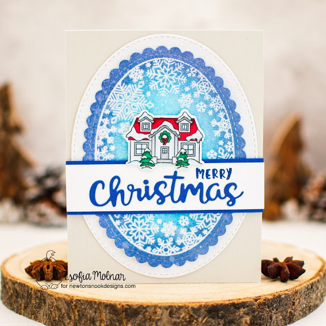 Merry Christmas Card by Zsofia Molnar | Snowflake Oval Stamp Set, Oval Frames Die Set, Holiday Home Stamp Set and Holiday Greetings Die Set by Newton's Nook Designs #newtonsnook #handmade