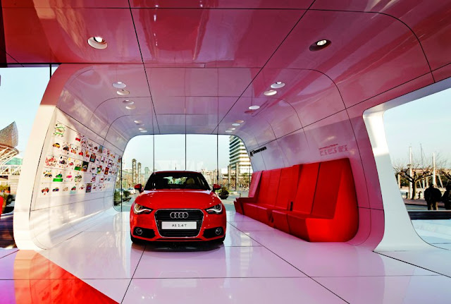 Red Audi car in the modern Audi pavilion