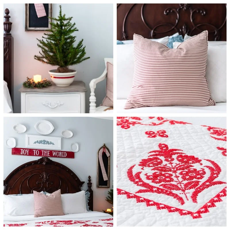 red and white vintage Christmas bedroom
