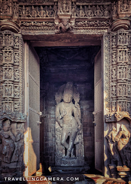 The Chaturbhuj temple is the only temple in Khajuraho that does not have erotic sculptures anywhere. The temple was built in the year 1100 CE by the King Yasovarman of Chandela Dynasty. The main idol in the sanctum of the temple is a 2.7m tall statue of the four-armed Lord Vishnu.   The temple stands on a modest podium (chabutara) and has a sanctum, vestibule, and Mandap. However, it lacks an ambulatory. The temple also has an small entrance porch. It has three bands of sculptures on its outer walls.