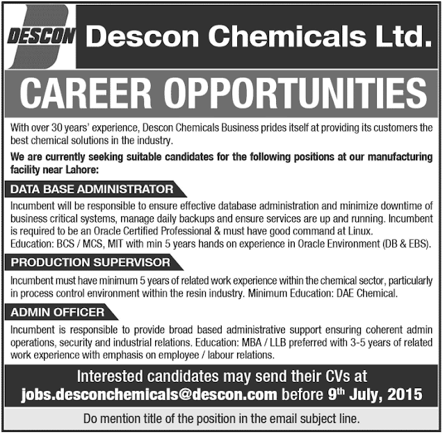 Jobs at Descon Chemicals Limited