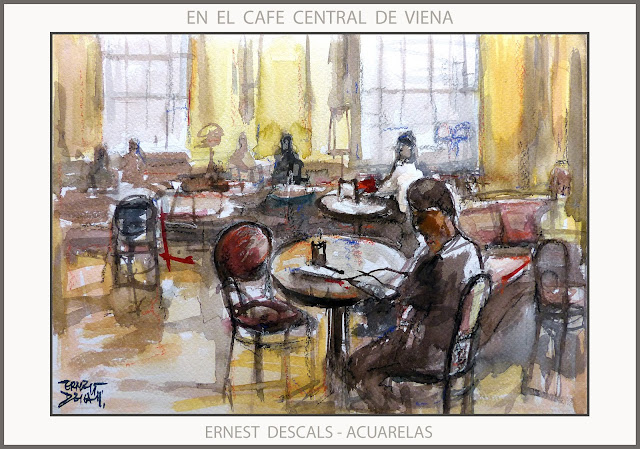 VIENA-CAFE CENTRAL-PINTURA-ACUARELAS-AUSTRIA-PINTURAS--ACUARELA-CAFETERIAS-PINTOR-ERNEST DESCALS-