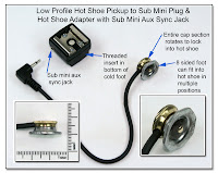 HS1010 (CP1077): Low Profile Hot Shoe Pickup to Sub-Mini Plug and Hot Shoe Adapter with Sub-Mini Aux Sync Jack