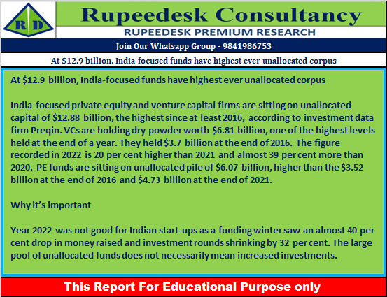 At $12.9 billion, India-focused funds have highest ever unallocated corpus - Rupeedesk Reports- 26.12.2022