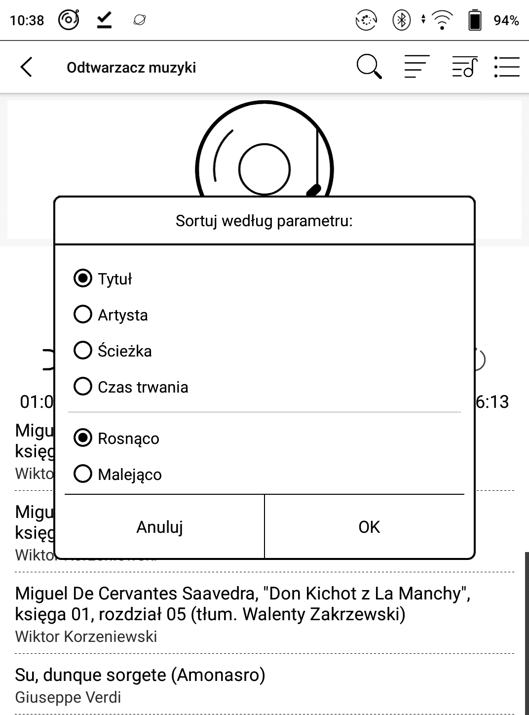 Opcje sortowania w odtwarzaczu muzyki na czytniku Onyx Boox Poke 3