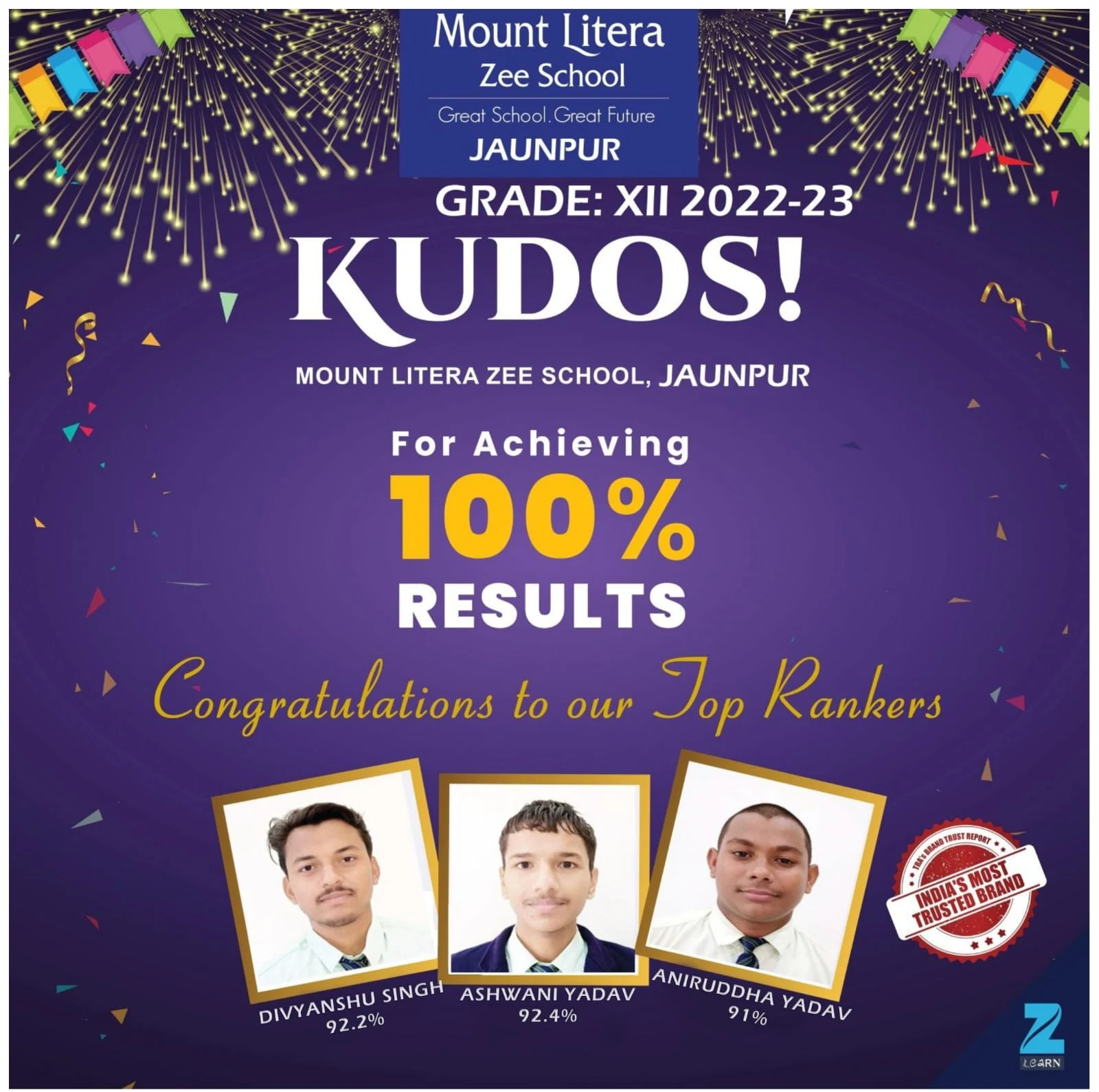 Naya Savera Network  Mount Litera Zee School Jaunpur  JAUNPUR GRADE XII 2022-23  KUDOS! For Achieving 100% RESULTS  Congratulations to our Top Rankers  ASHWANI YADAV 92.4%  DIVYANSHU SINGH 92.2%  ANIRUDDHA YADAV 91%  #NayaSaveraNetwork