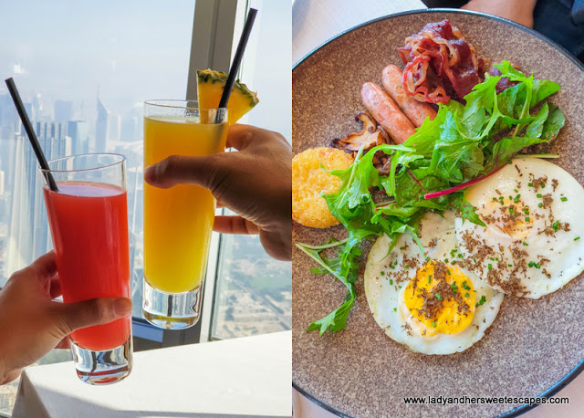 breakfast juices and fried eggs in Atmosphere Burj Khalifa