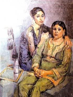 Painting of two seated women in muted blues and greens, one arm over the shoulder of the other