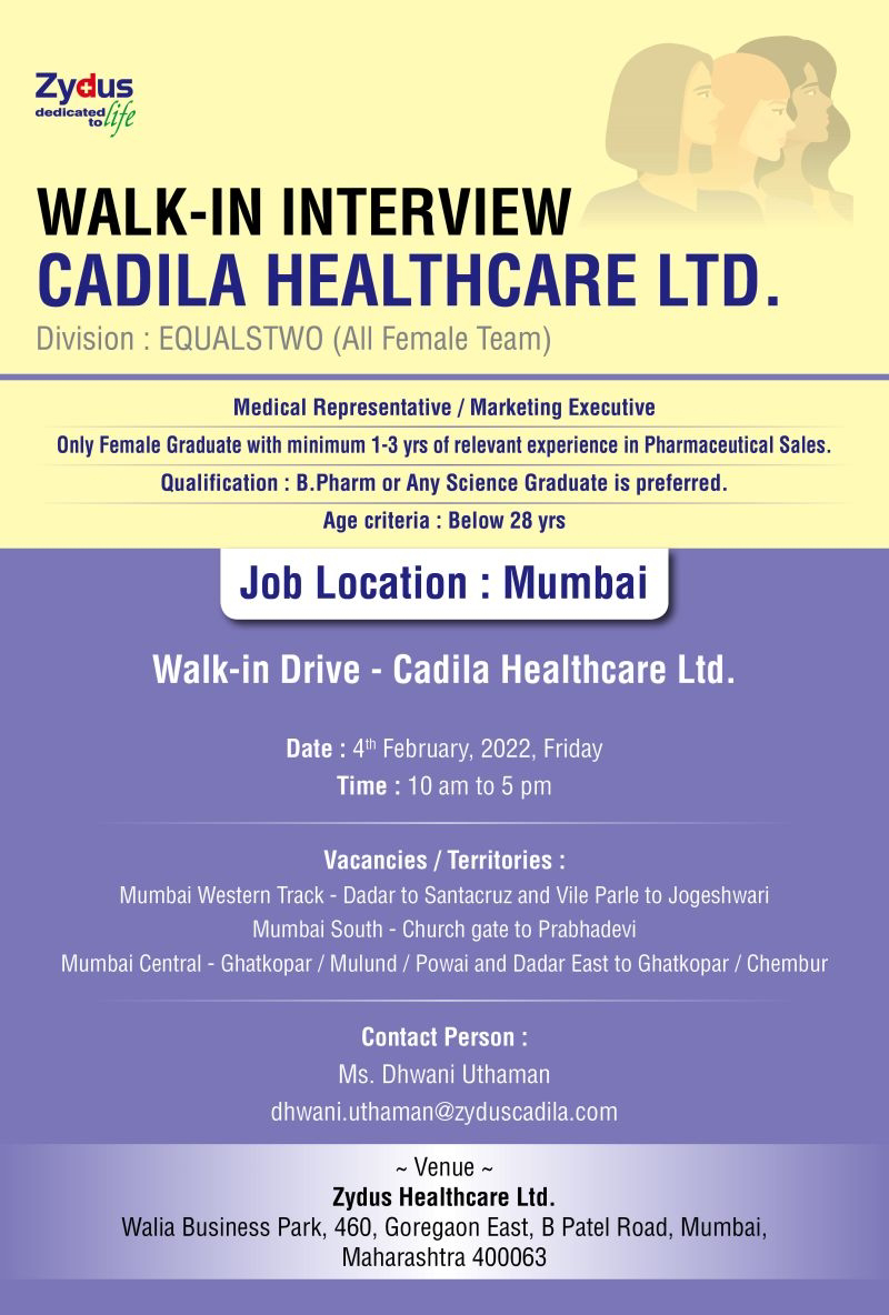 Job Availables,Cadila Healthcare Ltd. Walk-In-Interview For B.Pharm/ Any Science Graduate