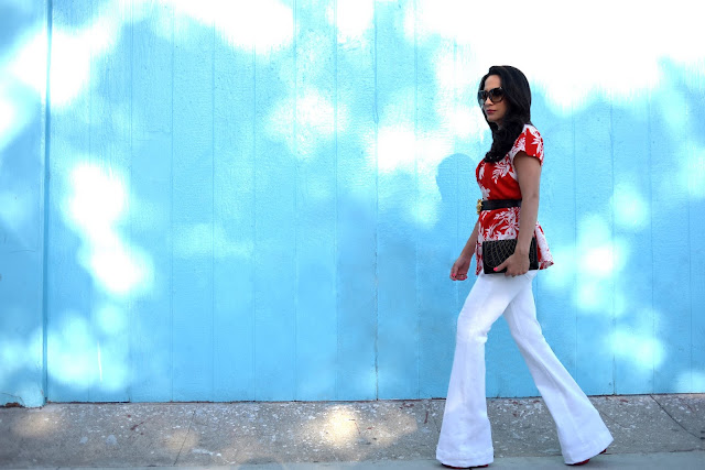  Joanna Joy A Stylish Love Story fashion blog Hawaiian Shirt Red and White Shirt White Jbrand Denim Gucci Bamboo Glasses Gucci Red Suede Platforms petite fashion blogger California fashion blogger white jeans beaded black and gold evening bag blue wall