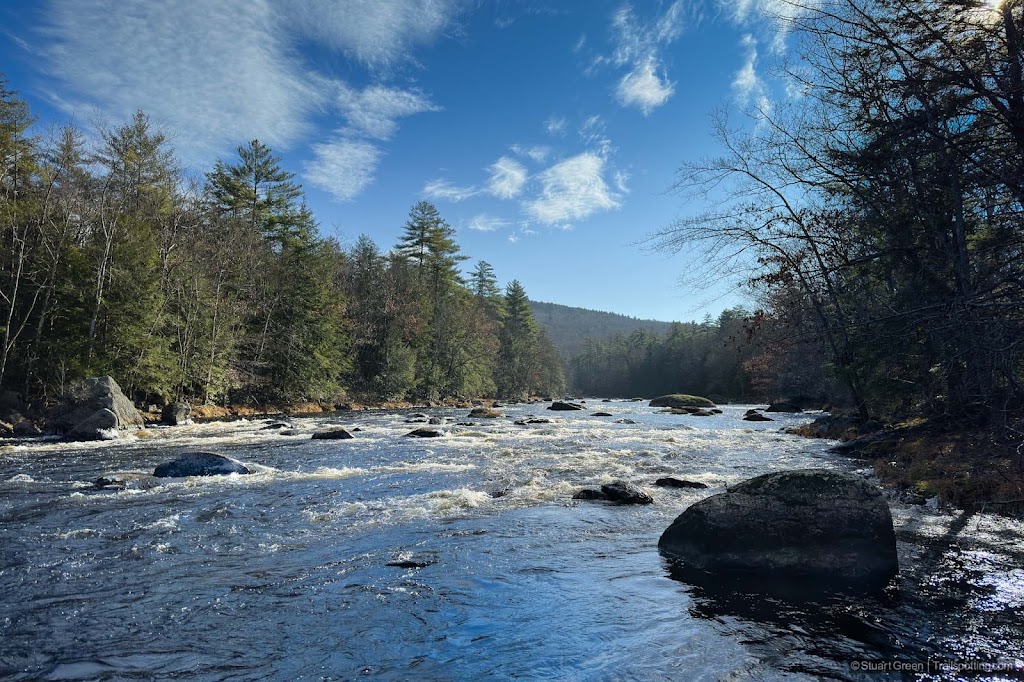 View of the river from the shoreline. Wide stretch of water with occasional rocks casting shadows. Forest on the shore, and forested hill behind.