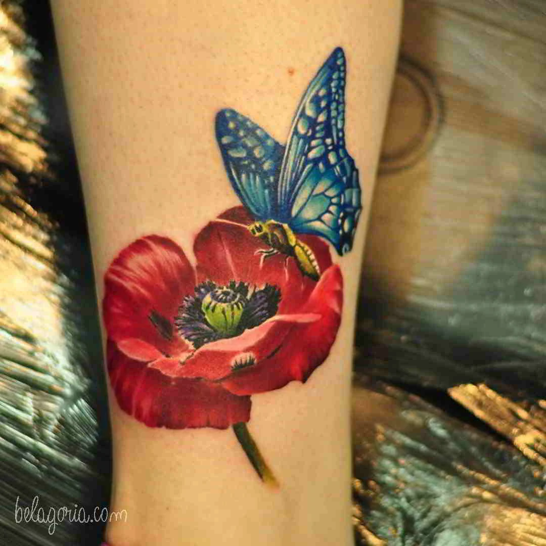 Tatuajes Flor de la amapola y mariposa