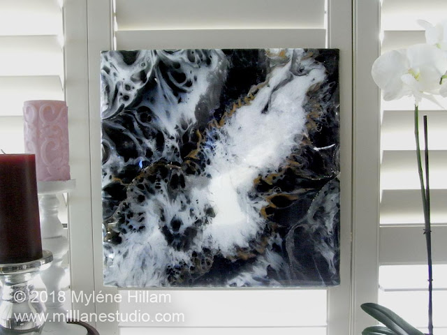 Black and white resin art panel featuring cells and veining.