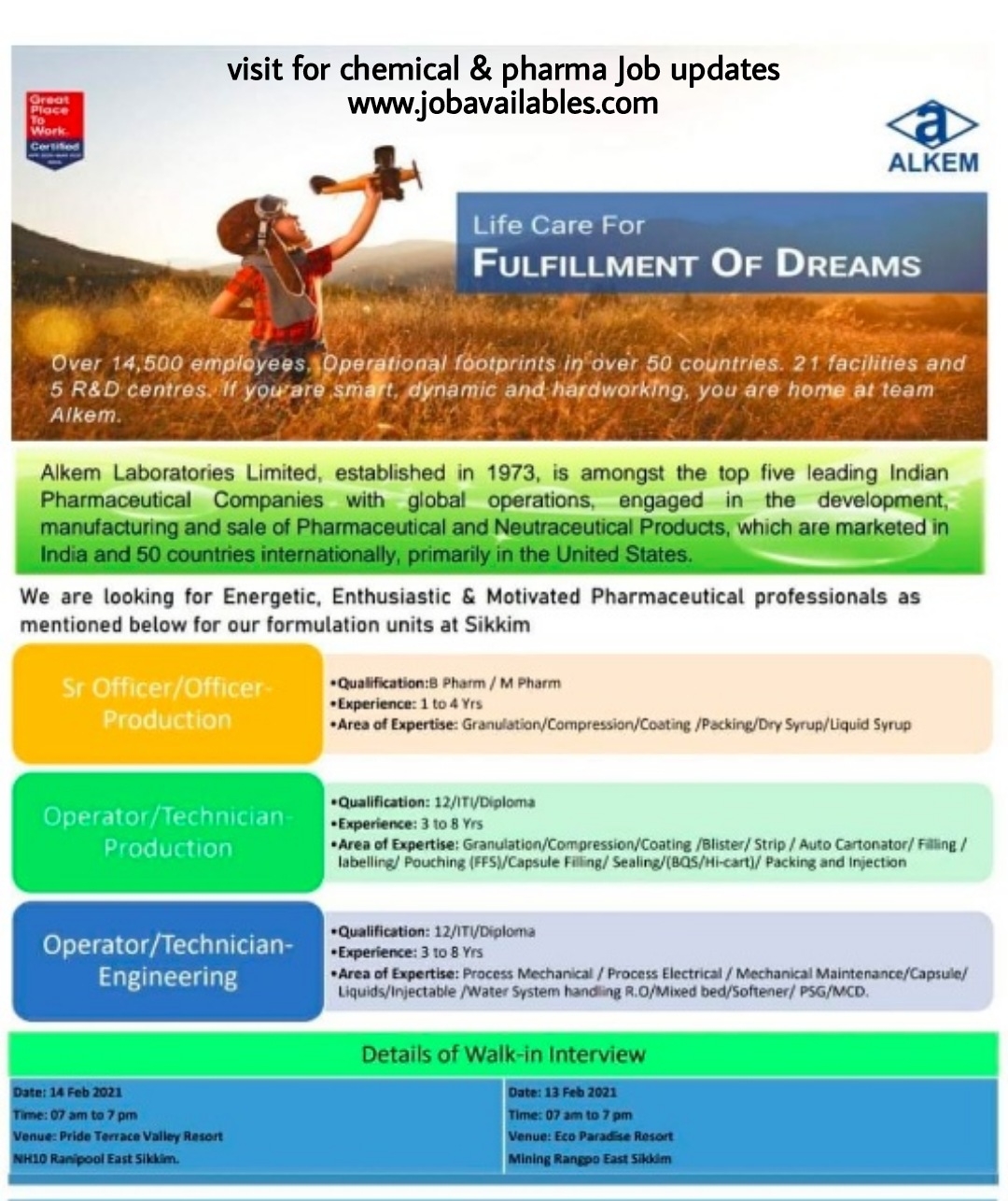 Job Availables, Alkem Laboratories Pvt Ltd Job Opening For M.Pharma/ B.Pharma/ ITI/ Diploma - Production/ Engineering Dept