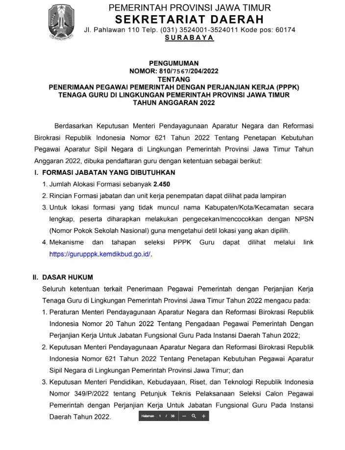  CASN PPPK Pemerintah Provinsi Jawa Timur Besar Besaran Tahun 2022 (2.450 Formasi)