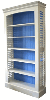 white bookcase with blue backing