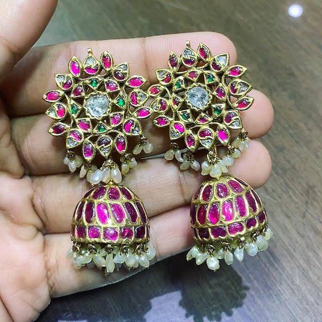 Heavy Kundan Jhumkas by Satyanarayan Jewellers