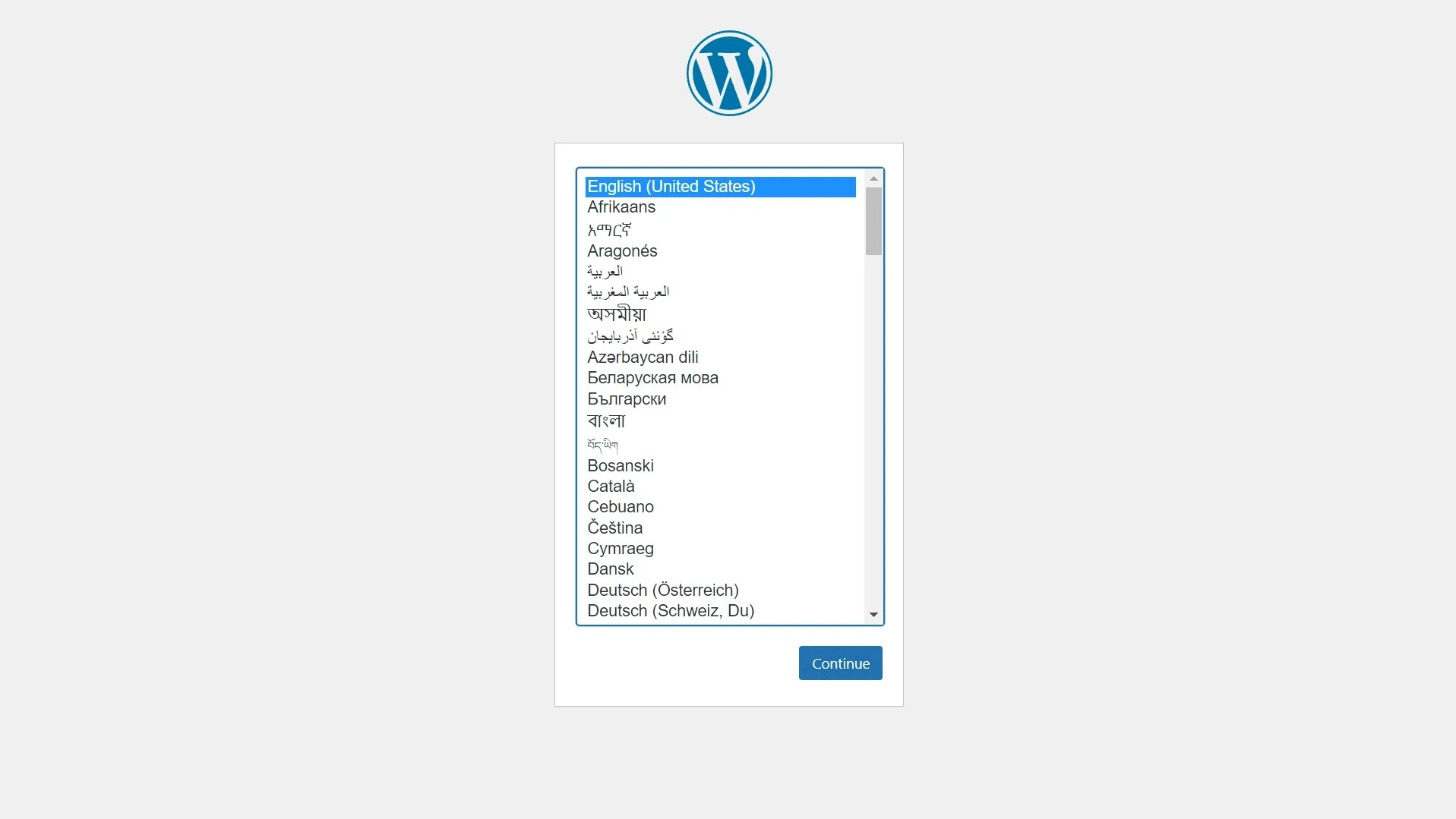 WordPress web installation page