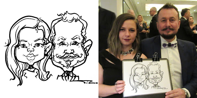 A double live caricature portrait and a photo with a smiling couple