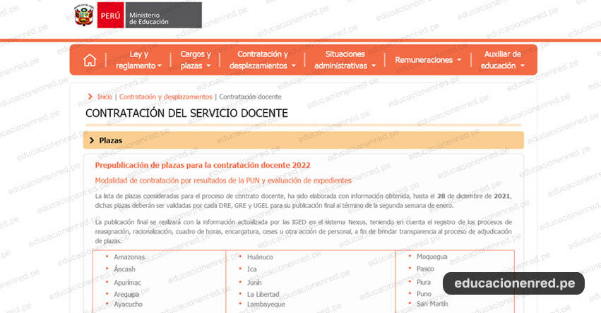 MINEDU: Prepublicación de Plazas Vacantes para Contratación Docente 2022 (Actualizado 4 Enero) www.minedu.gob.pe