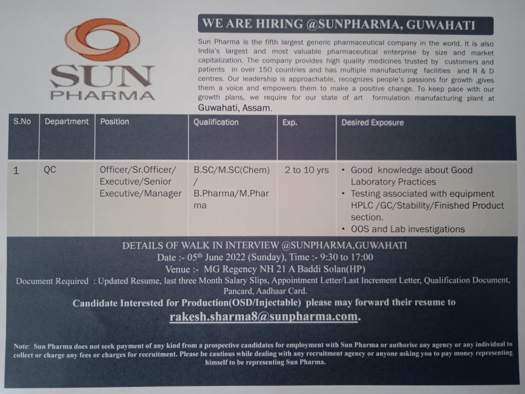 Job Available's for Sun Pharmaceutical Ind Ltd Walk-In Interview for BSC/ MSC Chemistry/ B Pharma/ M Pharma