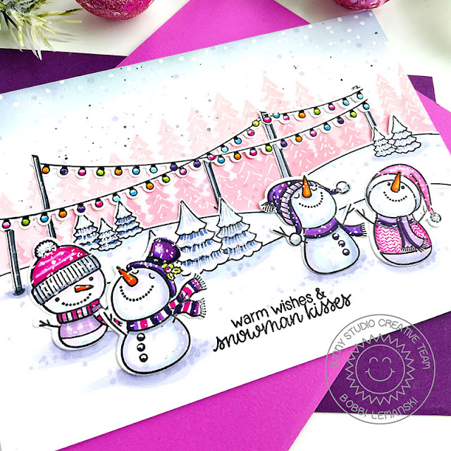 Sunny Studio Stamps: Snowman Kisses Winter Themed Holiday Card by Bobbi Lemanski (featuring Scenic Route, Forest Tree Stencils)