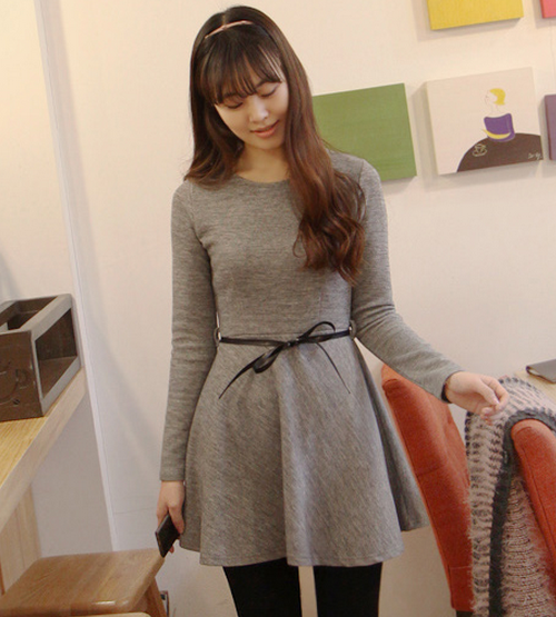 Long Sleeved A-Line Dress with Bow Belt