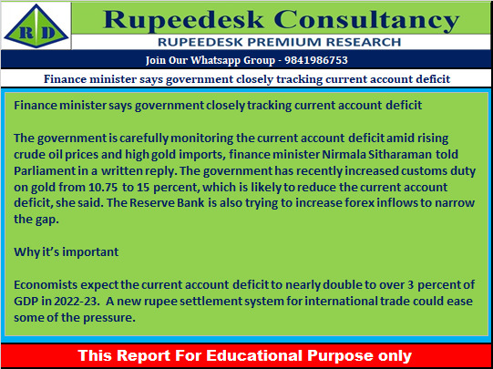 Finance minister says government closely tracking current account deficit - Rupeedesk Reports - 26.07.2022