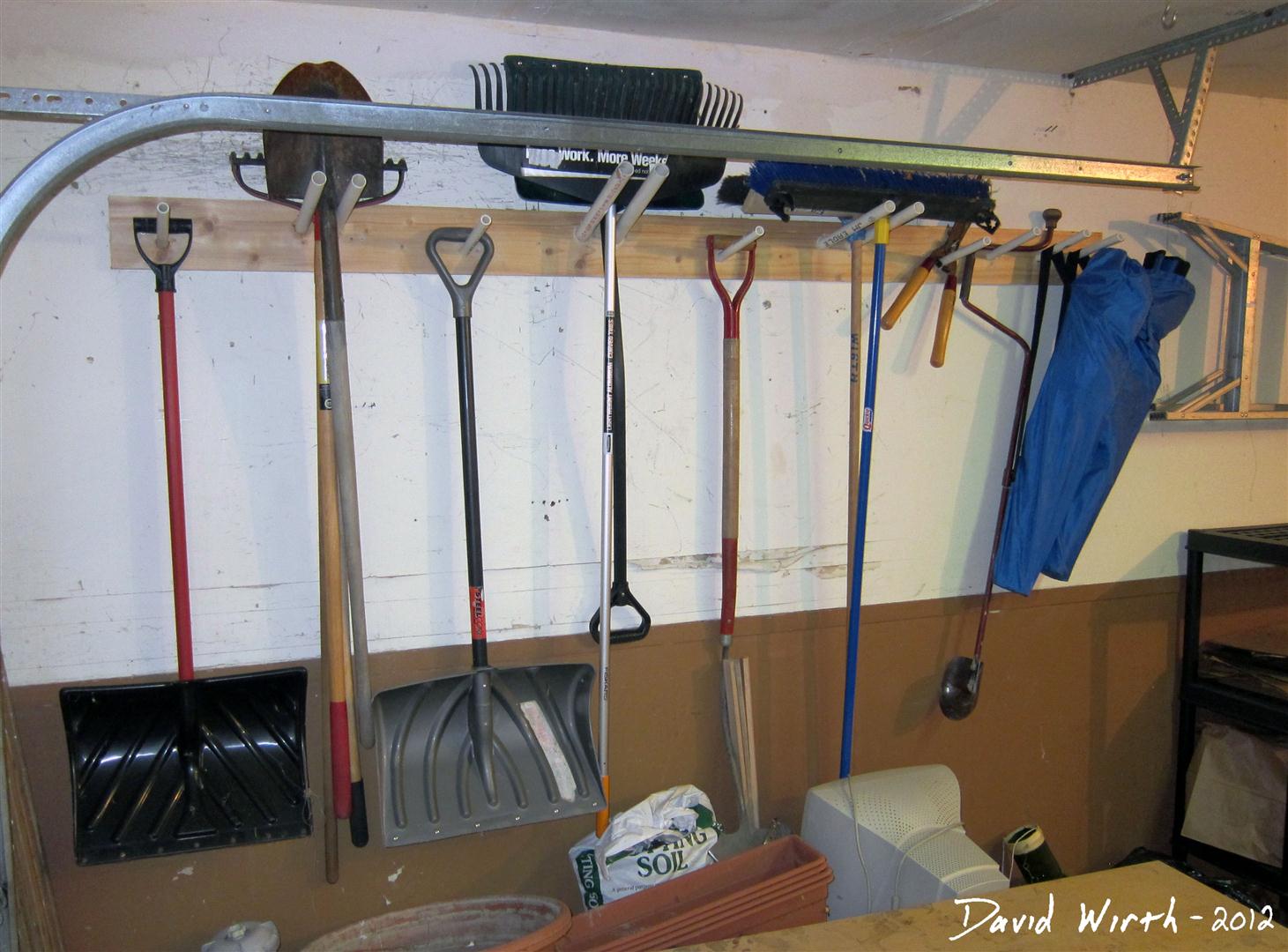 ... tool rack, shelf for lawn tools, rake, shovel, broom, chair, wood, pvc