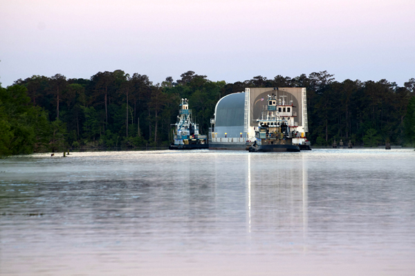 With the Space Launch System's (SLS) Artemis 1 core stage booster onboard, NASA's Pegasus barge heads to Kennedy Space Center in Florida over one month after the booster conducted a successful Green Run hot fire test at the Stennis Space Center in Bay St. Louis, Mississippi...on March 18, 2021.