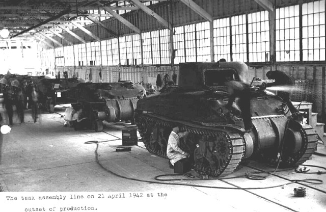 Sherman tank assembly line on 21 April 1942 worldwartwo.filminspector.com