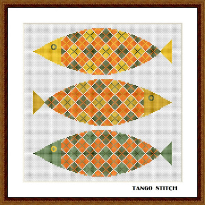 Tartan yellow fish cross stitch hand embroidery pattern - Tango Stitch