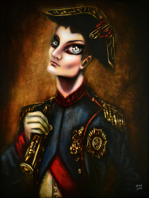 painting of napoleon with a telescope in hand and brown background by tiago azevedo a lowbrow pop surrealism artist