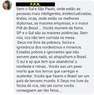 Cópia da postagem que tenta difamar o Nordeste e Minas