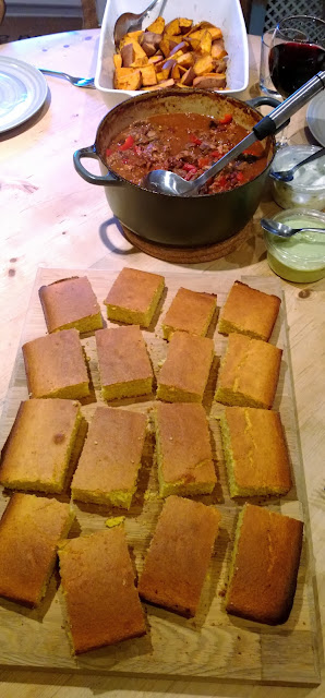 Cornbread with beef brisket chilli and sweet potato wedges