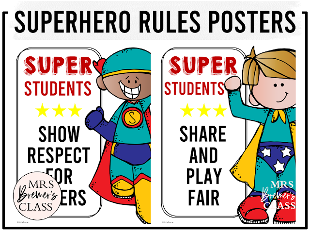 Superhero themed class rules posters set with charts to remind students about the classroom rules and behavior expectations in Kindergarten, First Grade, and Second Grade