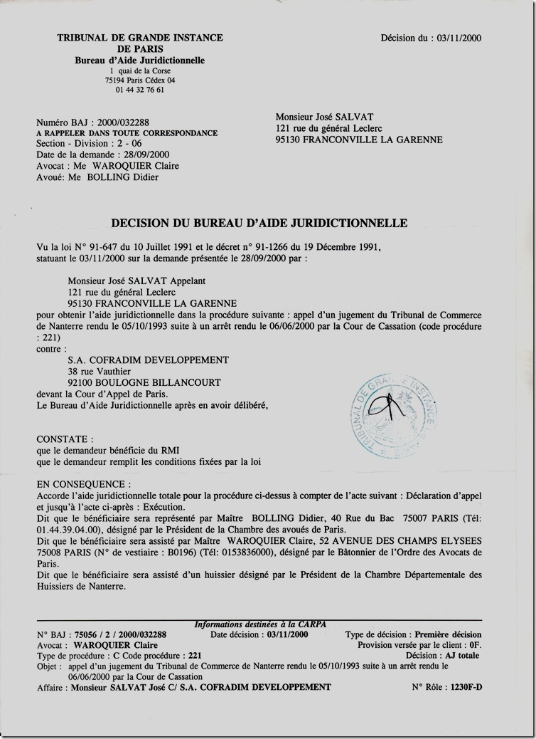 Rapport De Maitre Marc Baroni Decision Prononcee Le 03 Novembre 2000 Par Le Bureau Aide Juridictionnelle Du Tribunal De Grande Instance De Paris