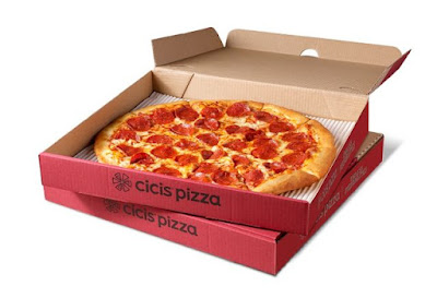 Two Cicis large 1-topping pizzas in boxes.