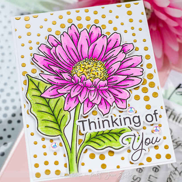 Blooming Wildflowers, March Release, Picket Fence Studios, Gerbera Daisy, how to, hand made card, Stamps, stamping, die cutting, card making, ilovedoingallthingscrafty, copics,