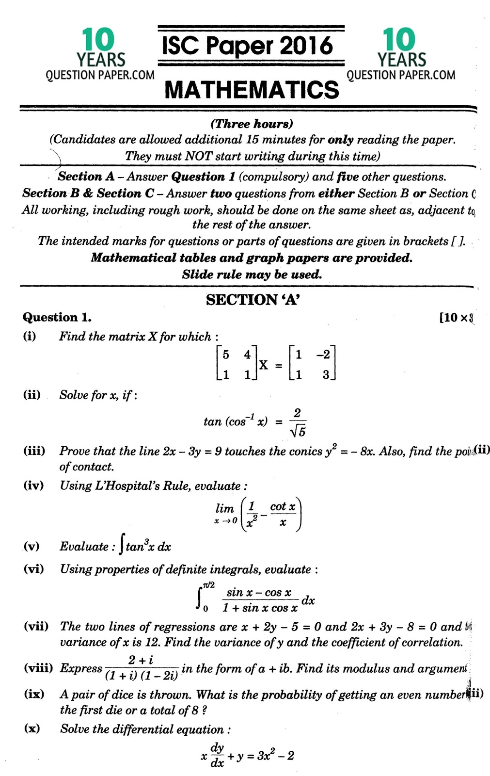 ISC 2016 : Mathematics solved paper Class 12 - 10 Years Question Paper