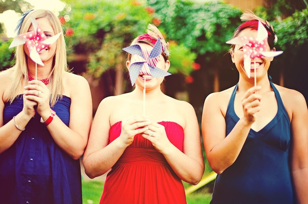 red, white, and blue wedding colors, blue dress, american flag pinwheels, 