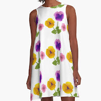 Dress with three pansies on white background