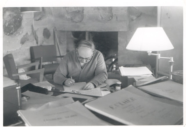 Thomas de Hartmann working on his opera Esther at Taliesin in Arizona — home of Frank Lloyd Wright (early 1950s)