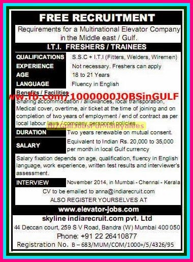 Multinational Elevator company Jobs for Gulf - Free Recruitment