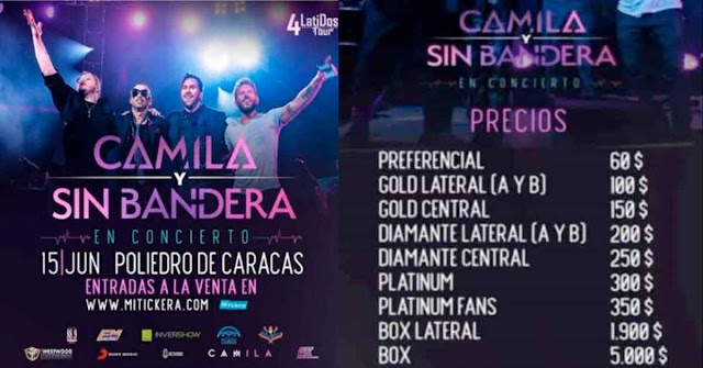 Camila y Sin Bandera cobrarán 5000 dólares por mesa de 10 personas en su concierto