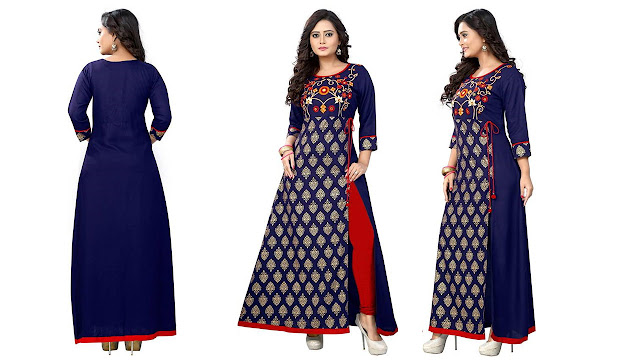 Vbuyz Printed, Embroidered Women's A-line Kurta  (Blue)