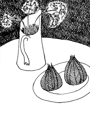 line drawing of a jug on a circular table with a plate of two figs