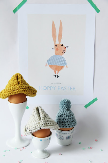 Studio Mojo, Pasen, haken, eierwarmers, hoedje van papier, gratis patroon