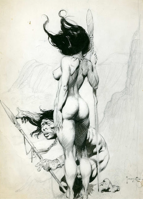 An ink sketch by frank frazetta depicting a woman with a spear