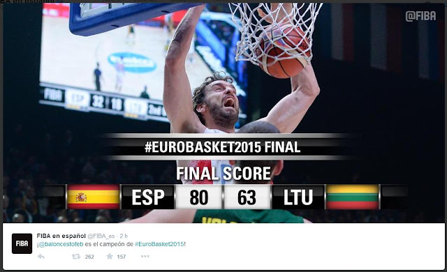 Foto sacada del perfil de Twitter de @FIBA en español: @FIBA_es - ¡@baloncestofeb es el campón de #EuroBasket2015! - ÁlvaroGP - el troblogdita